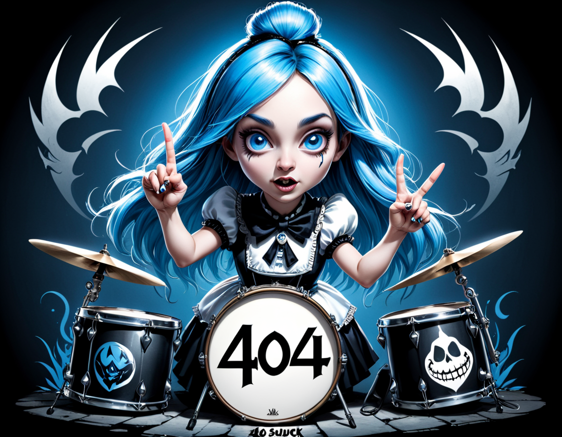 "404 Suck" text logo art,  TEXT LOGO,  heavy metal album cover,  concept art,  (Alice in Wonderland:1.2),  giving the finger,  drums set and speakers,  Htext logo,  white,  blue.,<lora:Harrlogos_v2.0:0.700000>
Negative prompt: Double letters,  repeating letters,  blurry,  low-resolution,  deep-fried,  oversaturated,  underexposed,  (3d,  the worst quality,  bad quality,  low quality:1.2)
Steps: 25, Sampler: DPM++ 3M SDE Karras, CFG scale: 4.0, Seed: 2735790049, Size: 1152x896, Model: starlightAnimated_v3-5
