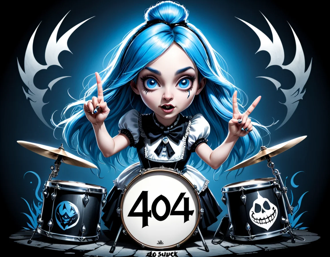 "404 Suck" text logo art, TEXT LOGO, heavy metal album cover, concept art, (Alice in Wonderland:1.2), giving the finger, drums set and speakers, Htext logo, white, blue.,<lora:Harrlogos_v2.0:0.700000>
Negative prompt: Double letters, repeating letters, blurry, low-resolution, deep-fried, oversaturated, underexposed, (3d, the worst quality, bad quality, low quality:1.2)
Steps: 25, Sampler: DPM++ 3M SDE Karras, CFG scale: 4.0, Seed: 2735790049, Size: 1152x896, Model: starlightAnimated_v3-5