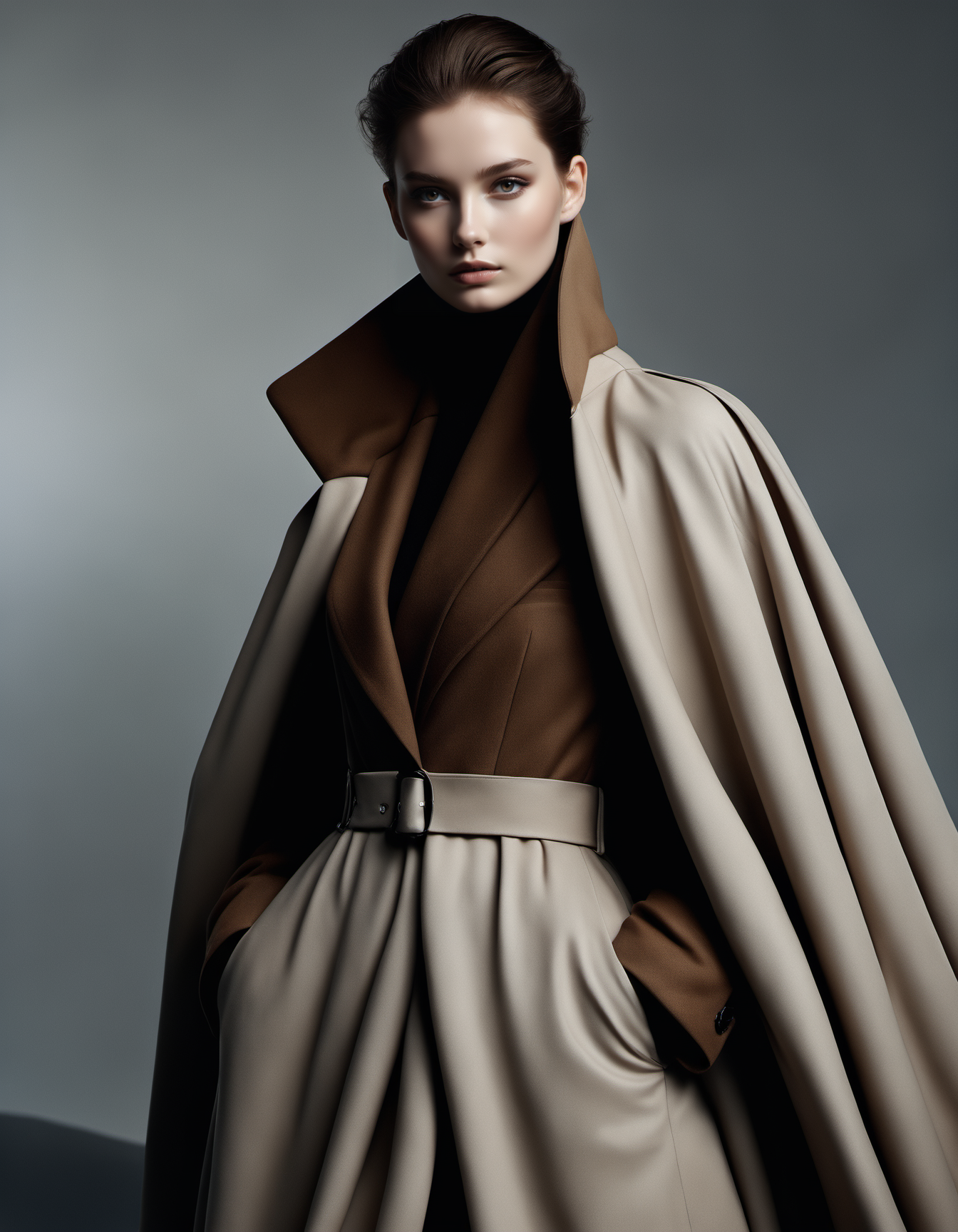 photo of a exquisitely beautiful pale skin punk 1girl, solo, 20 y.o, wearing a brown dress, outdoor, cloak, coat, hands in pockets, studio background, alluring eyes, dark eyes, skin pores, Thorough, highly detailed skin, intricately detailed, seductive makeup, BREAK
high-end camera, 135mm lens,high-key portrait photography, by Tim Walker,
(best quality, masterpiece, high quality, highres, realistic),
 <lora:Black Dress Balenciaga-Bruce Ta VN:0.8>