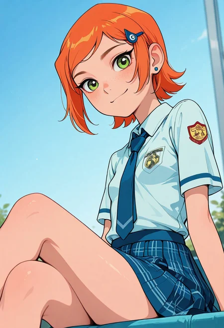 <lora:ck-shadow-circuit-IL:0.78>,
masterpiece, best quality, good quality, very aesthetic, absurdres, newest, 8K, depth of field, focused subject,
 close up, stylized, wabi sabi, 
1girl, Gwendolyn_Tennyson, orange hair, short, hair, freckles, youthful, young, cute,
happy,
school uniform,
small breasts,
looking at viewer, dynamic angle, from below, from side, relaxing,
sitting,
<lora:MoriiMee_Gothic_Niji_Style_Illustrious_r1:0.45>