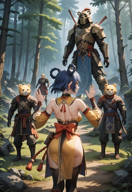 score_9, score_8_up, score_7_up, 1girl, xiangling_\(genshin_impact\), genshin_impact, blue_hair, yellow_eyes, rear view, hands up, elf forest, outdoors, film, fbf_ud.safetensors, <lora:test\fbf_ud.safetensors:1.0>