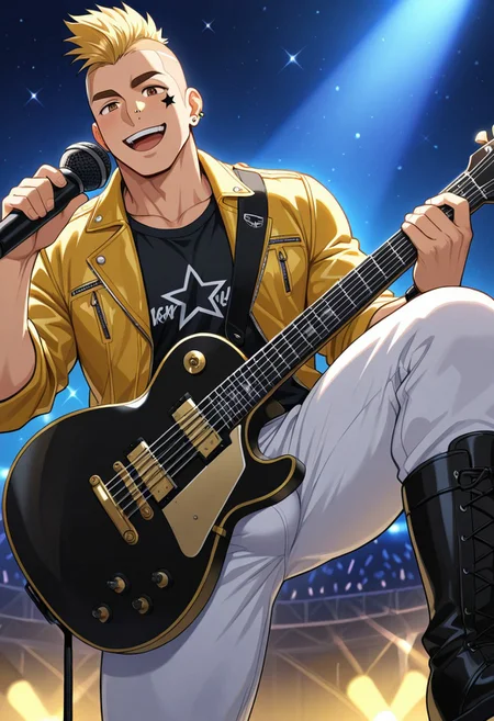 BREAK ((masterpiece, best quality, absurdres, newest, perfect quality, best quality, absolutely eye-catching, detailed background, intricate details, warm natural lighting, lively and bustling atmosphere, background details visible, outdoor, at stage, night, RGB light, wide angle perspective. anime screencap)),
BREAK ((bara, 1boy, solo, mature man, muscle man, blonde hair, short hair, brown eyes, jacket, black shirt, pants, boots, belt, jewelry, extremely happy expression, big smile, open mouth, small pupils, holding guitar, black guitar, stage microphone))