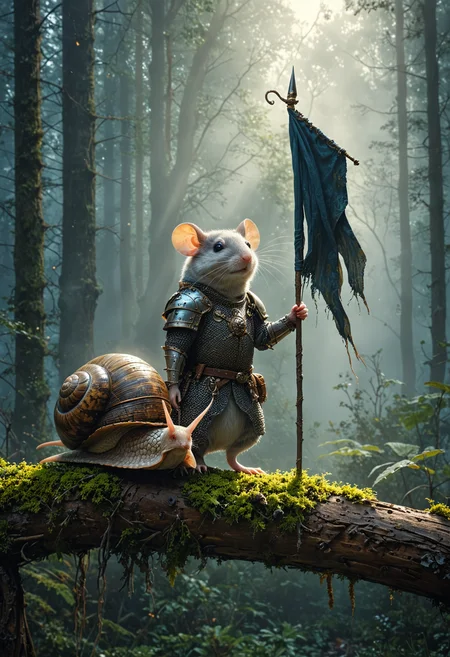 An anthropomorphic mouse in medieval armor stands heroically beside a stoic big snail and perched on a branch, snail has a big shell, behind them is an ethereal forest with soft beams of light piercing through the blue-grey mist, the mouse's holding a flowing black banner-staff, serene and fantastical scene, <lora:MJ52:0.4>, <lora:EpicF4nta5yXL:0.7>