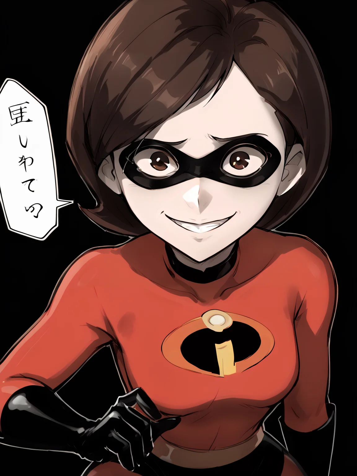 score_9, score_8_up, BREAK, source_anime, monochrome, greyscale, ebiblue, gesugao, 1girl, helenparr, mask, brown hair, brown eyes, (glowing eyes:0.5), red bodysuit, black gloves, smile, looking at viewer, solo, sketch, black background <lora:EbiblueXL:1> <lora:HelenParrXL:0.9>