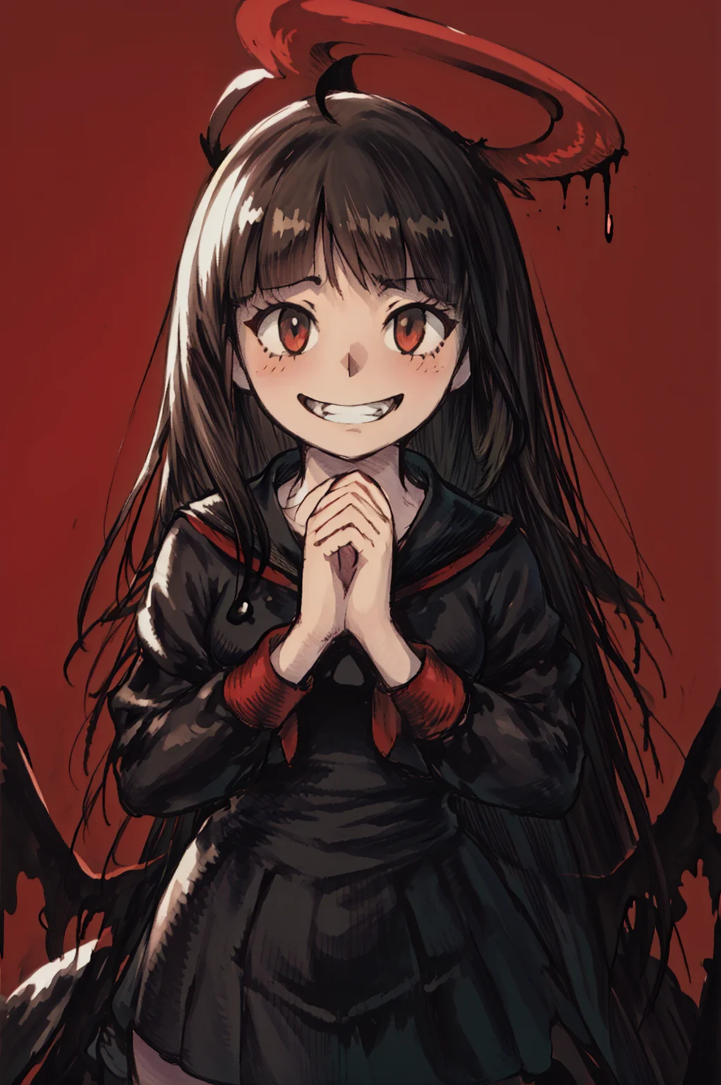 (Yoshida_Akihiko_PonyXL_style_v02.10.01:1.0), solo, 1girl, (chibi:0.3), red background, EPbaTsurugi, black hair, long hair, red eyes, blunt bangs, ahoge, halo, black wings, black sailor collar, black serafuku, black school uniform, black skirt, red neckerchief, blush, eyelashes, pleated skirt, sailor collar, skirt, sharp teeth, grin, crazy eyes, crazy smile, opened mouth, praying hands, stand, cowboy shot, blush, low wings, (Bravely Default Style), yoshida akihiko, blush, red eyes, big smile, <lora:pony\char\game\ba\EPbaTsurugiPony.safetensors>, <lora:pony\style\Yoshida_Akihiko_PonyXL_style_v02.10.01.safetensors>, <lora:styles\yoshida_akihiko_offset.safetensors>, <lora:styles\BravelyDefault.safetensors>, <checkpoint:[Pony] duchaitenPonyXLNo_v35.safetensors>, <checkpoint:[SD15] tfmCutesyAnime2_genesis.safetensors>
