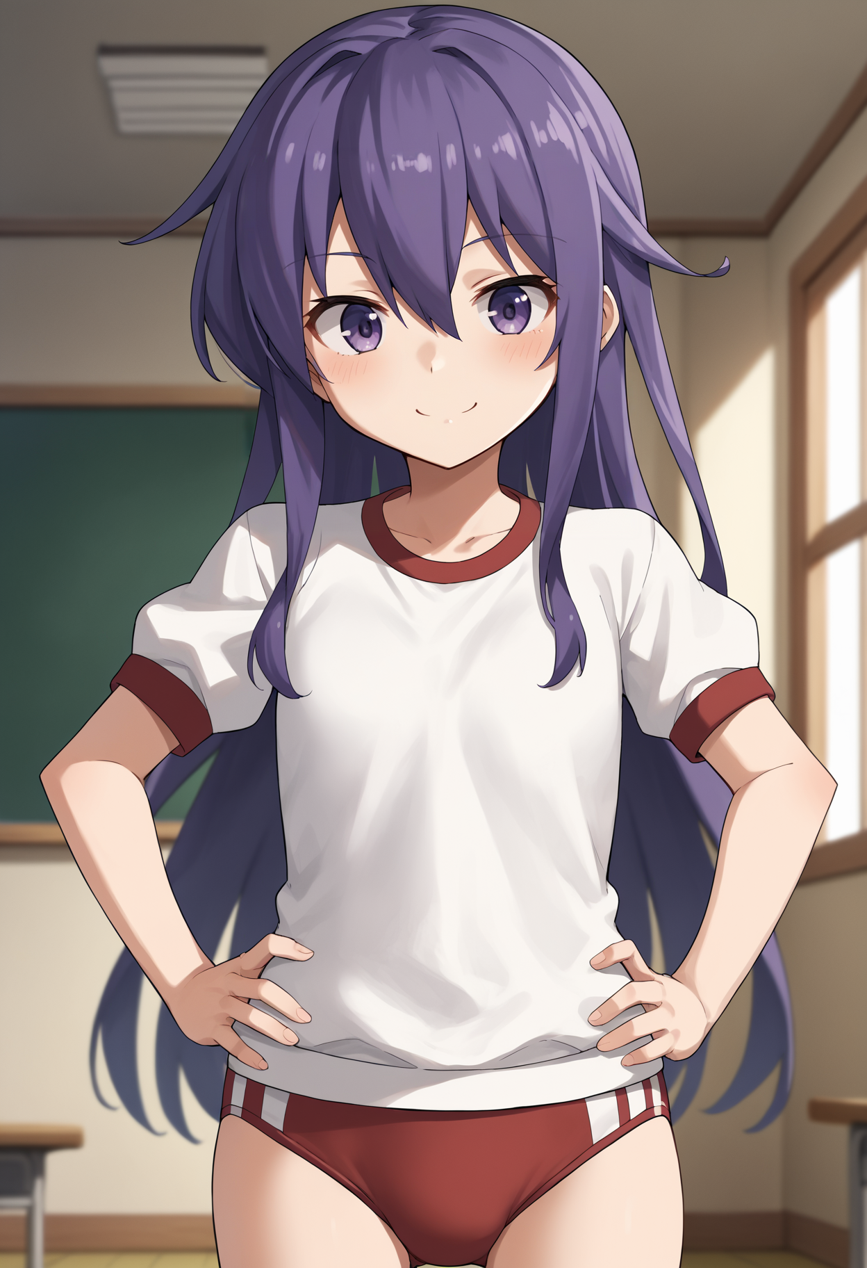 score_9, score_8_up, score_7_up, score_6_up, score_5_up, score_4_up, BREAK, source_anime,
1girl, akatsuki \(kancolle\), purple hair, long hair, hair between eyes, purple eyes,
gym uniform, white shirt, red buruma,
smile, hands on hips, standing, solo, looking at viewer, indoors, classroom background  <lora:AkatsukiXL:1>