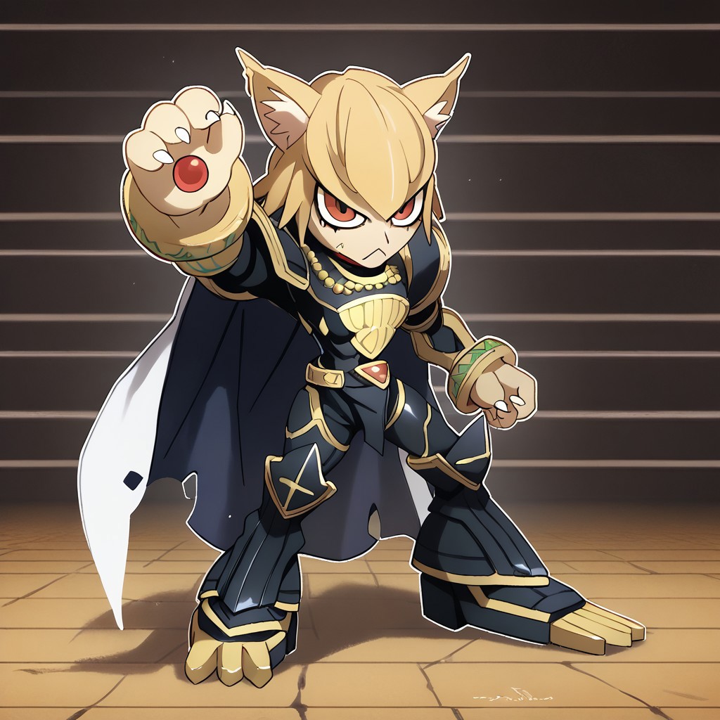 score_9, score_8_up, score_7_up, score_6_up, score_5_up, score_4_up,rating_safe,source_anime,jojo,1girl,solo,necoarc,blonde hair, red eyes, slit pupils, cat ears, :3, chibi,alphamon,cape,full body,dynamic pose,indoors