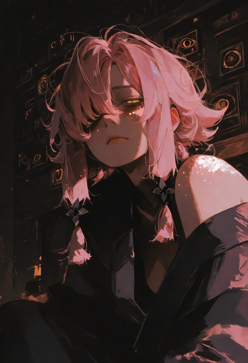 masterpiece,best quality,amazing quality,very aesthetic,newest,ultra detail, (score_9,score_8_up,score_7_up,score_6_up,rating_safe),hyper-detailed,ultra HD,cinematic lighting,(maeve:2.0),young with an asymmetrical hairstyle,(one eye covered by hair), (head tilted back), (chin raised), (neck exposed), (looking upward), (asymmetrical bangs),(long braids:1.2) ,(looking at viewer:1.5),(pink hair:1.5),(deep emotional connection:1.4),(detailed facial features:1.4),(no fusion,no deformities,correct anatomy:1.5),sexy pose,dynamic pose,(yellow eyes:1.5), (glowing eyes:1.5),(Cat pupils:2.0),Detailed eyes, (white freckles),(glowing freckles:2.0),wild and swaying hair, small breasts,(bare shoulder:1.5),(Hanging breasts),(black kimono:1.5),kimono open,(cleavage),(Tired expression:2.0),(dark circles under the eyes:2.0), (Sleeping face:1.5),(deeply distressed:1.5),(squinting eyes:1.5),tabi,Calf,plump lips,(Sitting:1.5),side locks,makeup,floral print,(front-facing, direct view:1.5),(closeup eyes:2.0, eye focus:1.8),Warm crimson ambient light, light that illuminates maeve dimlylight,<lora:illustrious_all_rated_v1:0.5><lora:ppw_v7_noobE11_6_r2_0.05:0.6><lora:nhl-001:0.6> nhl-001,limited palette,realistic,BREAK
Japanese house, Moody lighting,<lora:wasabi_natsume_style_r1:0.8> wasabi_natsume_illu,abstract, surreal,<lora:748cm_illu:0.4> 7481llu