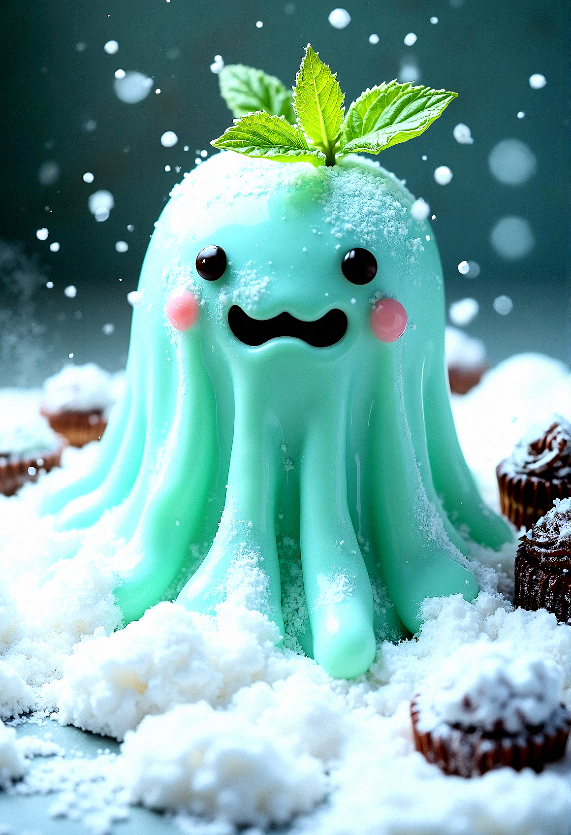 a cute trasparent slime candy monster in a mountain of powdered sugar with raining of fine sugar.Chocolate frostings on the side with a mint leaf on top






