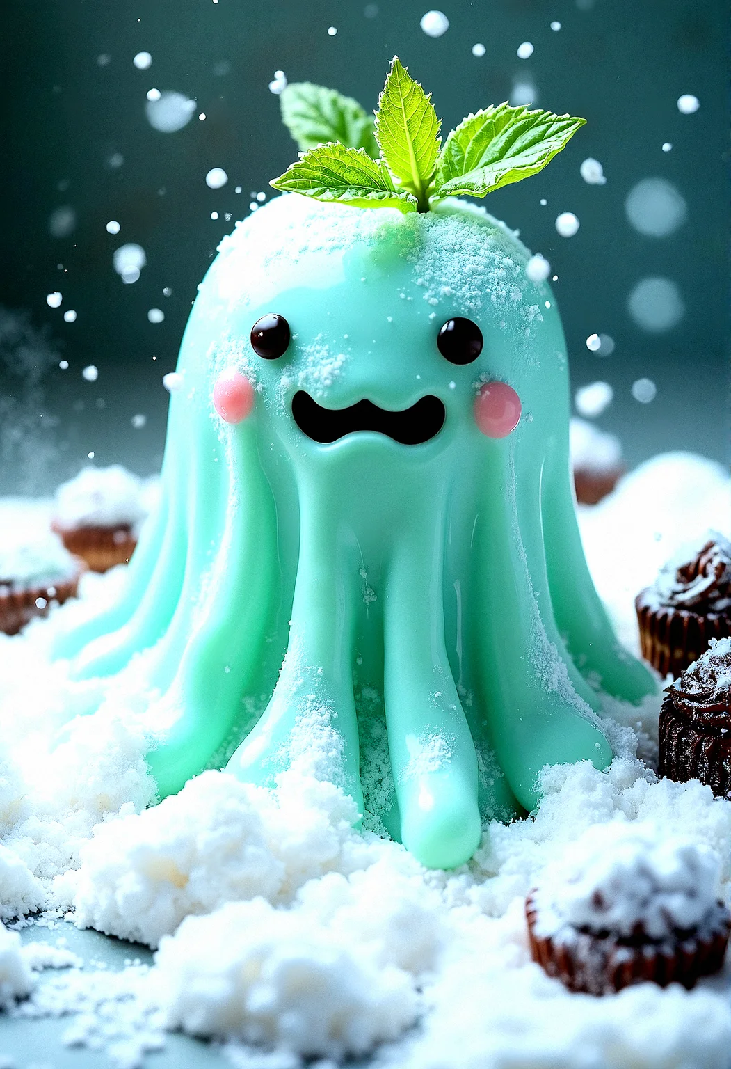 a cute trasparent slime candy monster in a mountain of powdered sugar with raining of fine sugar.Chocolate frostings on the side with a mint leaf on top