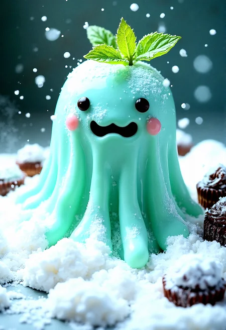 a cute trasparent slime candy monster in a mountain of powdered sugar with raining of fine sugar.Chocolate frostings on the side with a mint leaf on top