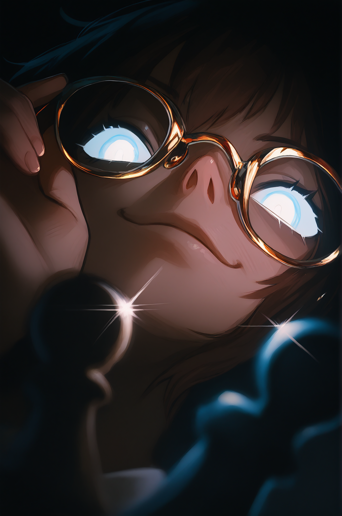 1boy, general, 

solo focus, 

brown hair, white eyes, gold-framed eyewear, glasses, adjusting eyewear, looking at viewer, smirk,

pawn \(chess\), multiple pawns, 

dark, night, reflection, diffraction spikes, dutch angle, depth of field, (from below:0.8), black background,

best quality, very awa, highres, newest
