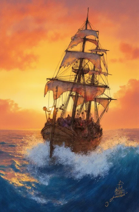 Sharp image of a rough sketch, rendered in vibrant multi colour ballpoint pen, capturing the adorable features of a digital illustration of a pirate ship sailing in the ocean at sunset. The ship is a tall ship with multiple masts and sails, and it is sailing on a turbulent sea with large waves crashing around it. The sky is filled with orange and yellow hues, and the sun is setting in the background, casting a warm glow over the scene. The colors of the sky are a mix of oranges, yellows, and reds, creating a dramatic and moody atmosphere. The overall mood of the image is dramatic and dramatic.  p3nsk, <lora:p3nsk:1>
