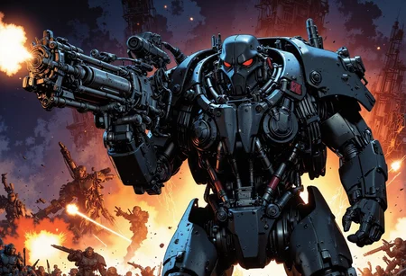 The man is a heavily armored warrior in futuristic black power armor stands confidently, wielding a massive gun with intricate details. The armor is bulky, with reinforced plating, large shoulder pads, and complex mechanical joints. The helmet has a slit like visor and built from multiple triangular metallic elements, giving the character a rugged, battle-hardened look. The gun features are visible wiring and mechanical components, emphasizing its powerful nature. The character exudes strength and resilience, with an imposing and intimidating stance. He is in a massive fight against monsters with a futuristic rifle. ultra realistic, masterpiece, high detailed skin. We are in a battlefield, explosions everywhere, soldiers fighting. It is nighttime