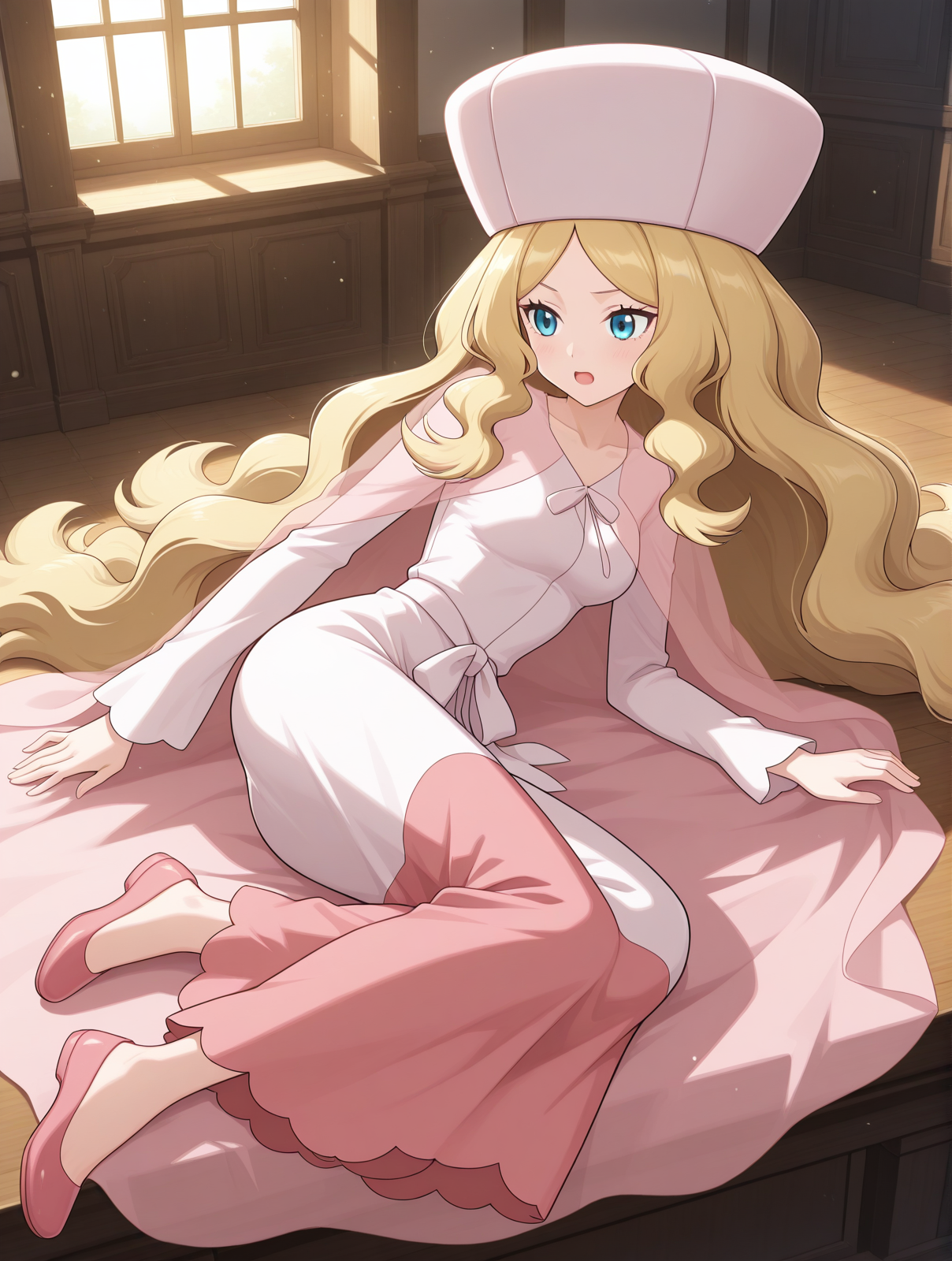 (white dress pink dress two-tone dress pink cape see-through cape pink hat flats:1.50), 
pk-caitlin, blonde hair, very long hair, blue eyes, 
medium breasts, 1girl, 
(masterpiece, highres, ultra-detailed,very aesthetic, best quality, absurdres, high quality, highres), 
excited,
on side,
(:0.90), 
BREAK,
indoors,
,
(solo:0:4::0.40), (skinny:0.8),
(),
pink hat
<lora:pk-caitlin-V01-illXL:0.70>