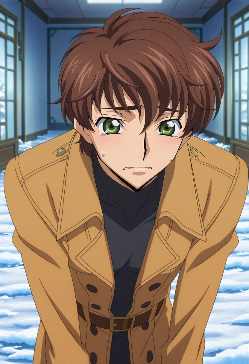 masterpiece, best quality, , anime screencap, anime coloring, official style, , 1boy, solo, male focus, <lora:suzaku_kururugi_ilxl:0.9>, suzaku_kururugi, brown hair, green eyes, , rule of thirds, snowy field, indoors, leaning forward, tearing up, coat,