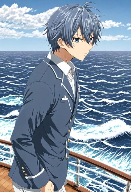 high resolution, solo, best quality, 1Boy, Tomoya Okazaki, Grey Blue Hair, sea, bow cruise ship, stong wind, ocean, OverallDetail