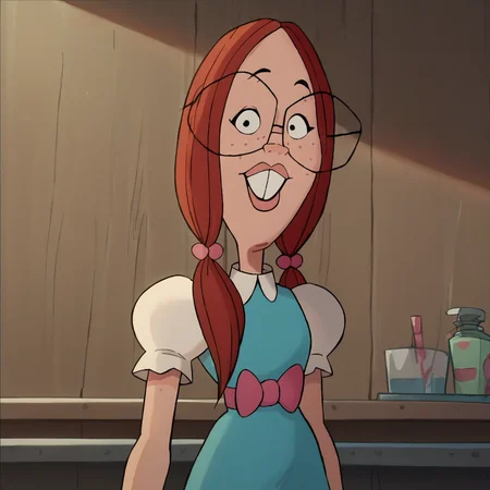 score_9, score_8_up, score_7_up, Gretchen, 1girl, red hair, long hair, twintails, glasses, freckles, buck teeth, looking at viewer, small breasts, narrow waist, wide hips, highres, high quality, masterpiece, <lora:Gretchen_Grundler:1>