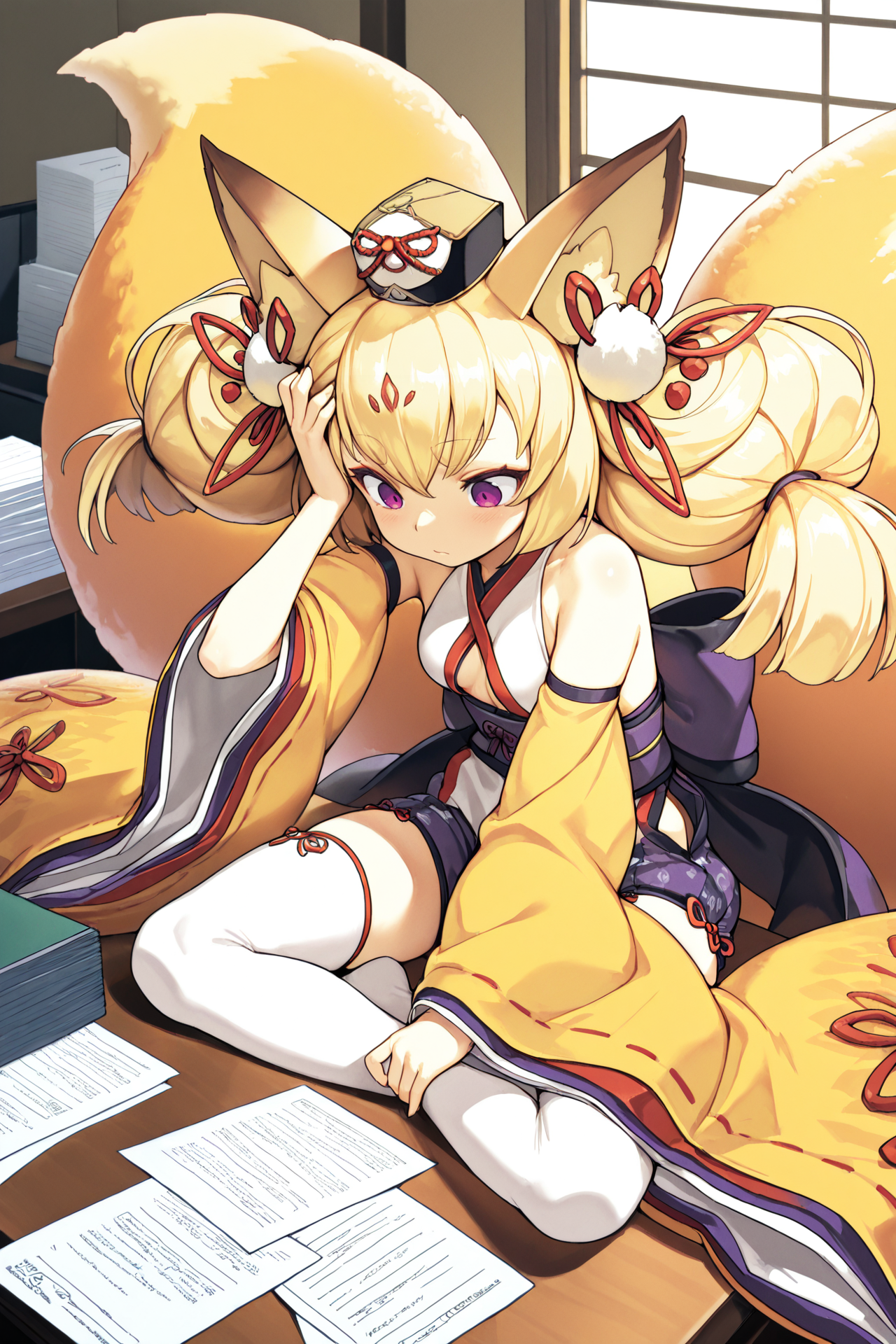 masterpiece, best quality, amazing quality  <lora:izuna_ayrb_1.5:1> 1girl, solo
izuna_ayrb,twintails,blonde hair,hair ribbon,hair ornament,fluffy tail,kimono,thigh highs,
surrounded by towering piles of paperwork, papers flying through the air, sitting at a cluttered desk, holding her head in frustration, comical expression, flailing arms, messy hair, dynamic composition, office setting with Japanese flair, warm indoor lighting