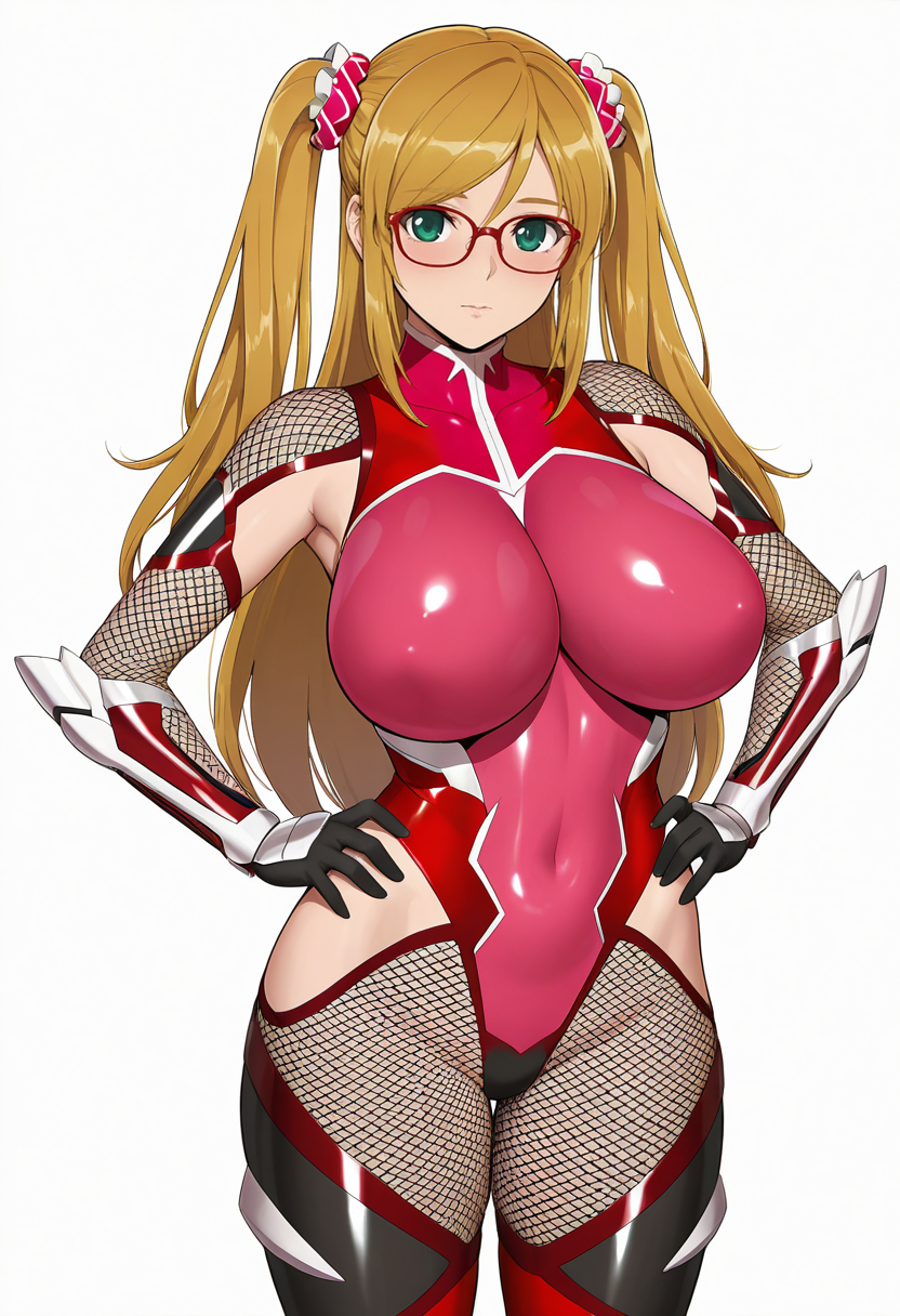 masterpiece, best quality,
1girl, cowboy shot, 
standing, hands on own hips, 
looking at viewer, 
<lora:Kousaka_Shizuru_SK:0.6> Kousaka_Shizuru_SK, green eyes, long hair, blonde hair, red-framed eyewear, glasses, twintails, bodysuit, pink bodysuit, fishnets, elbow gloves, skin tight, thighhighs, taimanin suit,
simple background, white background,