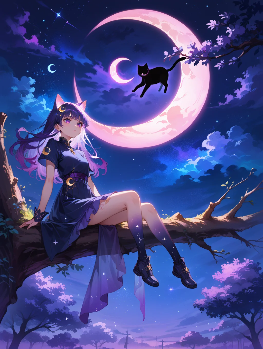 score_9, score_8_up, score_7_up,source_anime,
1girl,mixed Korean,Kpop idol, Surreal night scene,silhouette of a cat sitting on a tree branch,crescent moon in the sky,purple hues,starry night,dreamlike atmosphere,glowing edges,mystical,high contrast,ethereal light,detailed textures,whimsical,