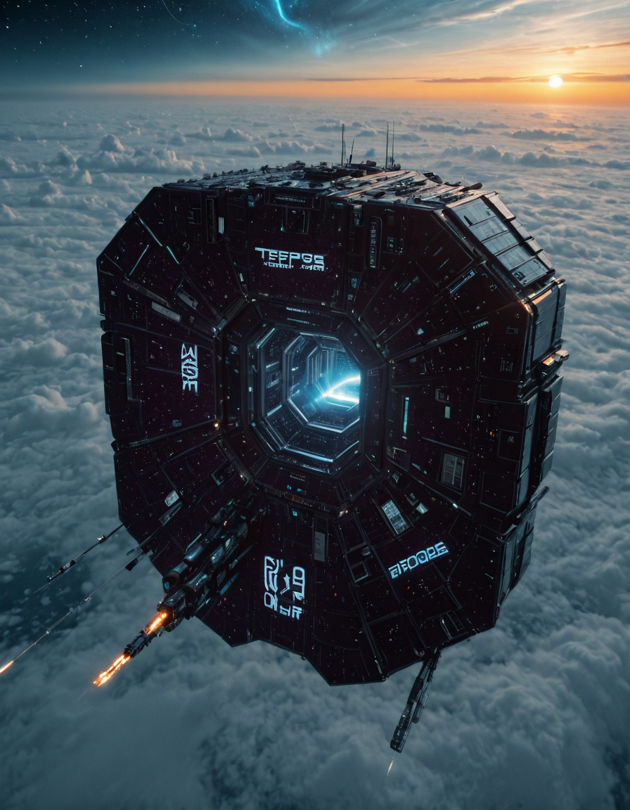 <lora:Space_Worlds_Minis_3v2:1> swminis3all, Test1, kanji, white, science fiction, above sea, outdoors, sunset, blue sky, soft hyperspace,