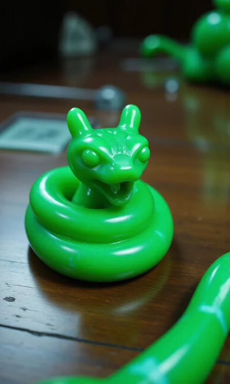 jade_snake, shebaaobao, neouv, cartoon snake made out of glowing illuminated iridescent jade ready to bite somebody on the counter of a pawn shop in New York City <lora:jadesnakeflux-000001.safetensors:1.0> <lora:shebaobao_flux_snake_Cartoon_v2.safetensors:0.3> <lora:neouv_flux_03.safetensors:1.0>