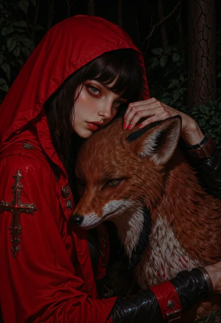 Highly detailed and dramatic digital artwork featuring a young woman with striking green eyes and fair skin, wearing a vibrant red hooded cloak. Her dark hair is slightly wet, suggesting a rainy or misty environment. She is closely embracing a large, realistic fox with a thick, textured fur coat. The fox's eyes are piercing and its fur is intricately detailed, with a natural red and dark pattern. The woman's hand, with red-stained fingers, rests gently on the fox's head, adding a sense of unity and connection between them. The background is a dark, dense forest, enhancing the mysterious and enchanting atmosphere of the scene. The overall composition is rich in color and texture, emphasizing the bond between the woman and the fox. <lora:flux.1_lora_flyway_Epic-detail_v2:0.85> <lora:FluxMythAn1meL1nes:0.8> <lora:MoriiMee_Gothic_Niji_Style__FLUX_LoRA_Test_2:0.65>