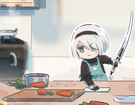 xinzoruo, chibi, kitchen, 2b \(nier:automata\),solo, apron, slashing, blue eyes, nervous, serious, holding weapon, holding sword, katana, cooking, sweating, carrot, cutting board, masterpiece, best quality, very aesthetic, absurdres