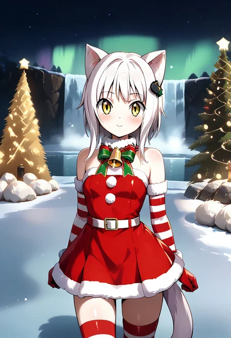 ctiank0nek0, cat ears, cat tail, christmas, dress, bare shoulders, bell, striped, red dress, neck bell, belt,medium shot, centerfold, looking at viewer, cute Scaislwanglamb, sky, outdoors, aurora, Snow, starry sky, Water, Cloud, Night, Waterfall, background, ,Tr33,scenery,tree,outdoors,christmas tree,snow,christmas