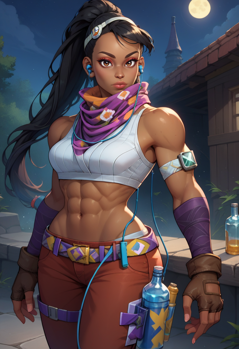 score_9, score_8_up, score_7_up,  score_9, BREAk <lora:kimberlySDXL:1> kimberlyjackson, 1girl, solo, long hair, breasts, looking at viewer, black hair, gloves, navel, brown eyes, jewelry, ponytail, earrings, midriff, belt, pants, dark skin, fingerless gloves, scarf, dark-skinned female, lips, crop top, night, abs, bottle, brown gloves, toned, nose, earphones, very dark skin, digital media player, earbuds