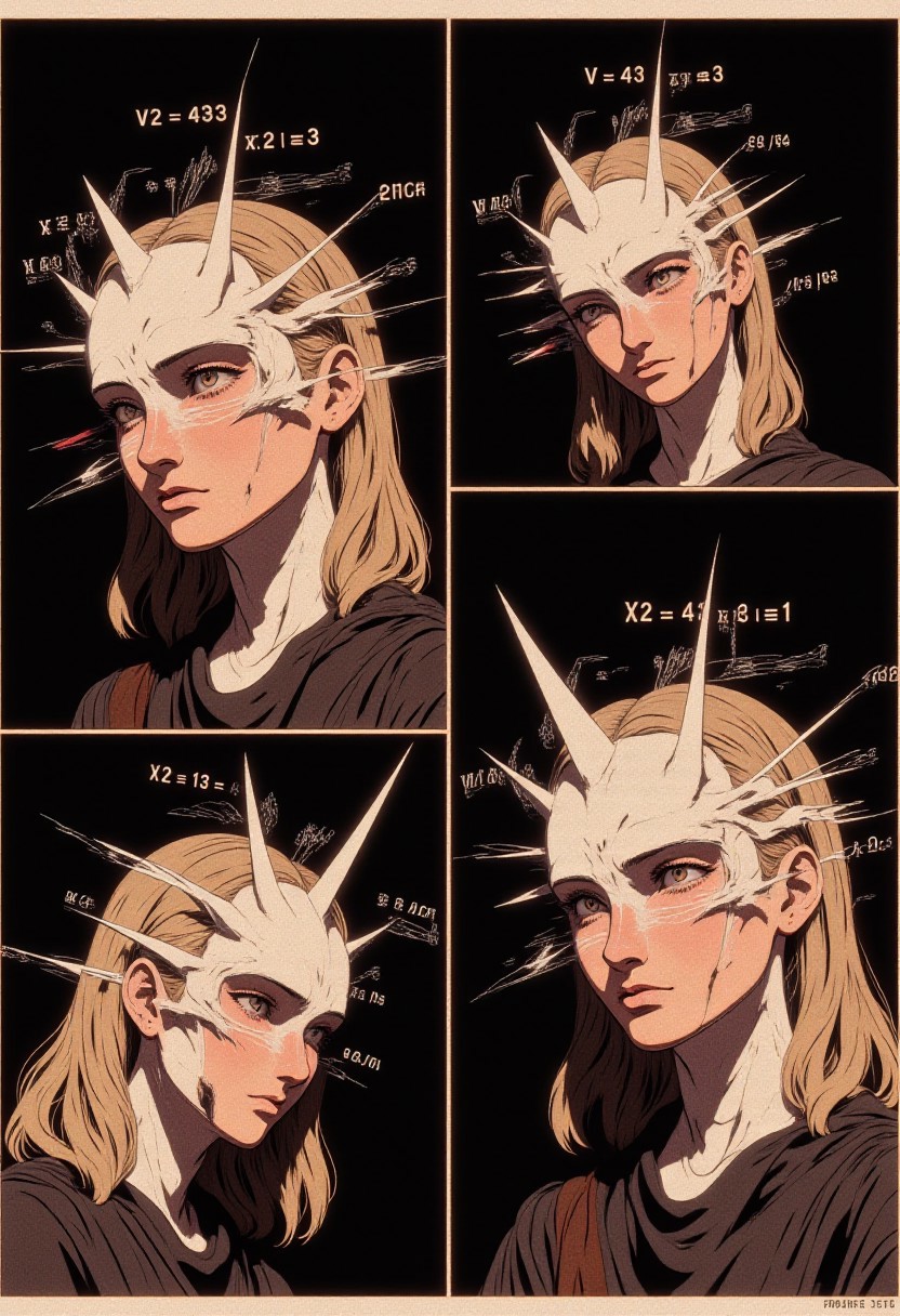 (digital collage, highly detailed, 8K, photorealistic rendering, conceptual art) This digitally created collage features four panels, each showcasing a close-up of a woman’s face with mathematical equations superimposed on her forehead. The woman has fair skin, shoulder-length blonde hair, and wears a dark-colored top. In the top-left panel, she has a neutral expression, with the equations "y = x² + eˣ" and "V = (4/3)πr³" written in white against a black background, creating a surreal, intellectual atmosphere. In the top-right panel, her expression is slightly confused, with the equations "V = (4/3)πr³" and "x² + y² = 1" adding a hint of complexity. The bottom-left panel shows her contemplative expression, with the equations "y = x² + eˣ" and "x² + y² = 1", evoking deeper thought. In the bottom-right panel, her serious expression is paired with the equations "y = x² + eˣ" and "x² + y² = 1", emphasizing the gravity of the situation. The white equations against the black backdrop give the image a minimalist yet humorous, surreal quality, blending
