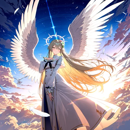 (best quality:1.08), (masterpiece:1.08), nagisa \(blue archive\), (descend:1.03), (beautiful sharp picture:1.02), (digital cg:1.02), newest, (angel:1.02), white feathers in the air, sunlight, goddess, (absurdres, very aesthetic:1.06), (holy:1.01), divine, sacred, (hallowed:1.01), celestial, heaven, white pigeon, mystic, heavenly, cloud, outdoors, best composition, dynamic pose, <lora:Otameshi_noob_vpred_lora:0.55> 1girl