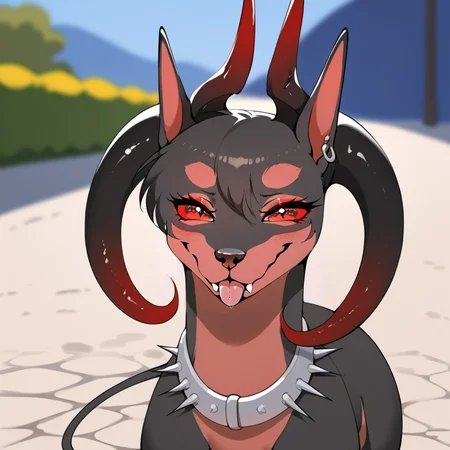 score_9_up, score_8_up, feral female, dog, hellhound, dobermann, monica \(halbean\), solo, horns, red fur, cute, kawaii, tongue out, silly face, outside, detailed background, <lora:Monica-000009:0.8>, ((by haaru)), <lora:PDXL_artist_tags_v2:1>