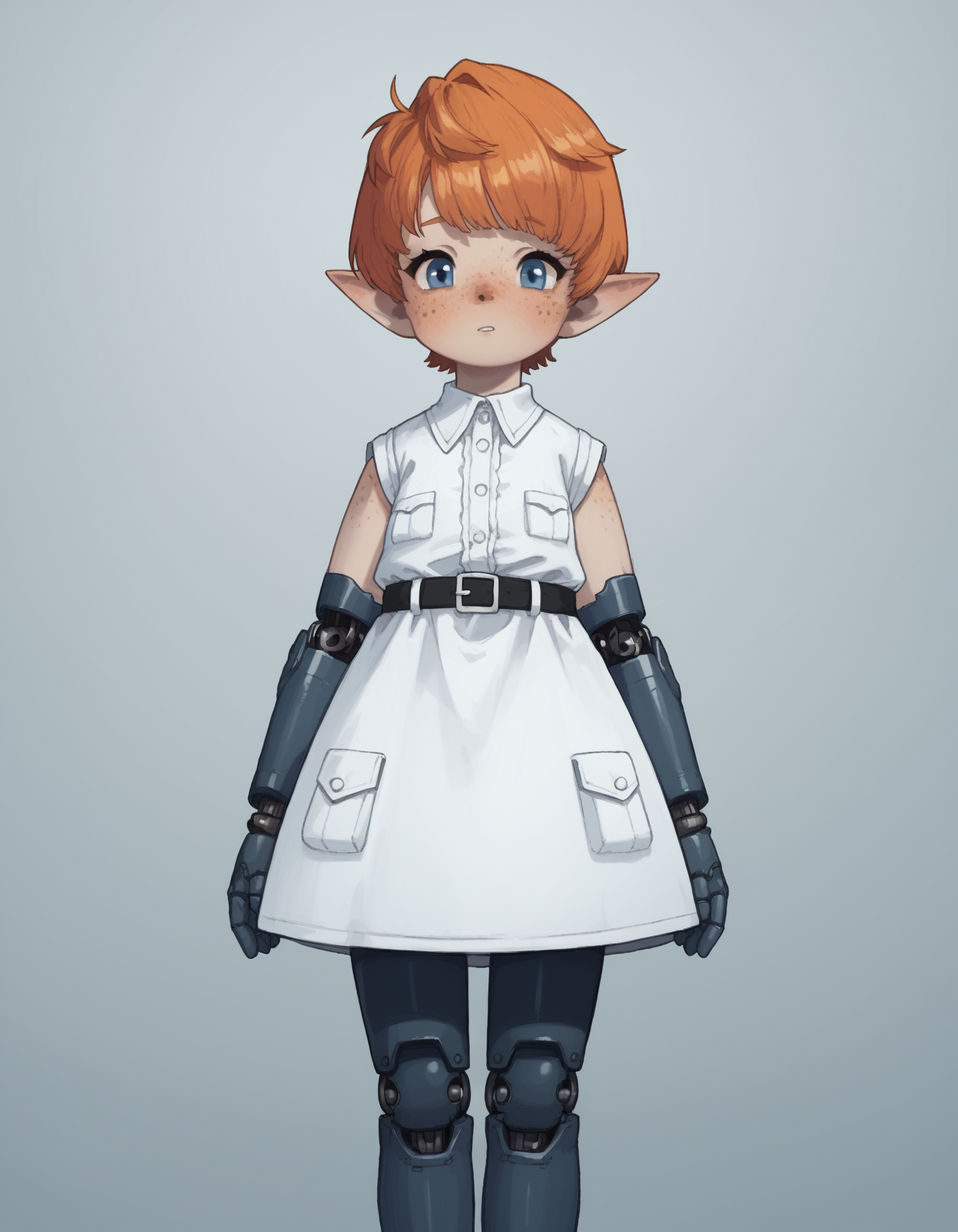 zPDXL, score_9, score_8_up, score_7_up, source_anime,
1girl, solo, (android) wearing sleeveless dress, Ceramic-coated arms with futuristic geometric patterns, Chrome-plated legs braces with hydraulic pistons, exposed wiring, sleek futuristic design,,  <lora:PossumMachine_v2:0.8> possmach, <lora:Popipi_v1-10:0.8> popipi, lalafell, blue eyes, dark nose, freckles, orange hair, short hair, pointy ears,