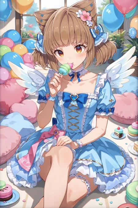 score_max, (score_9, score_8_up, score_7_up:1.2), score_6_up, official art, source_anime,
masterpiece, absurdres, high detail, 8k,
indoors, cushion, balloon, sweets, macaron,
sitting on floor, knne up, crossed legs, holding macaron, eating, blush, heart,
cicho, hair flower, collarbone, pale blue dress, puffy short sleeves, ribbon, layered skirt, thighlet, mini wings
<lora:XL_Pony_gomaotsu-cicho-t1:1.0>