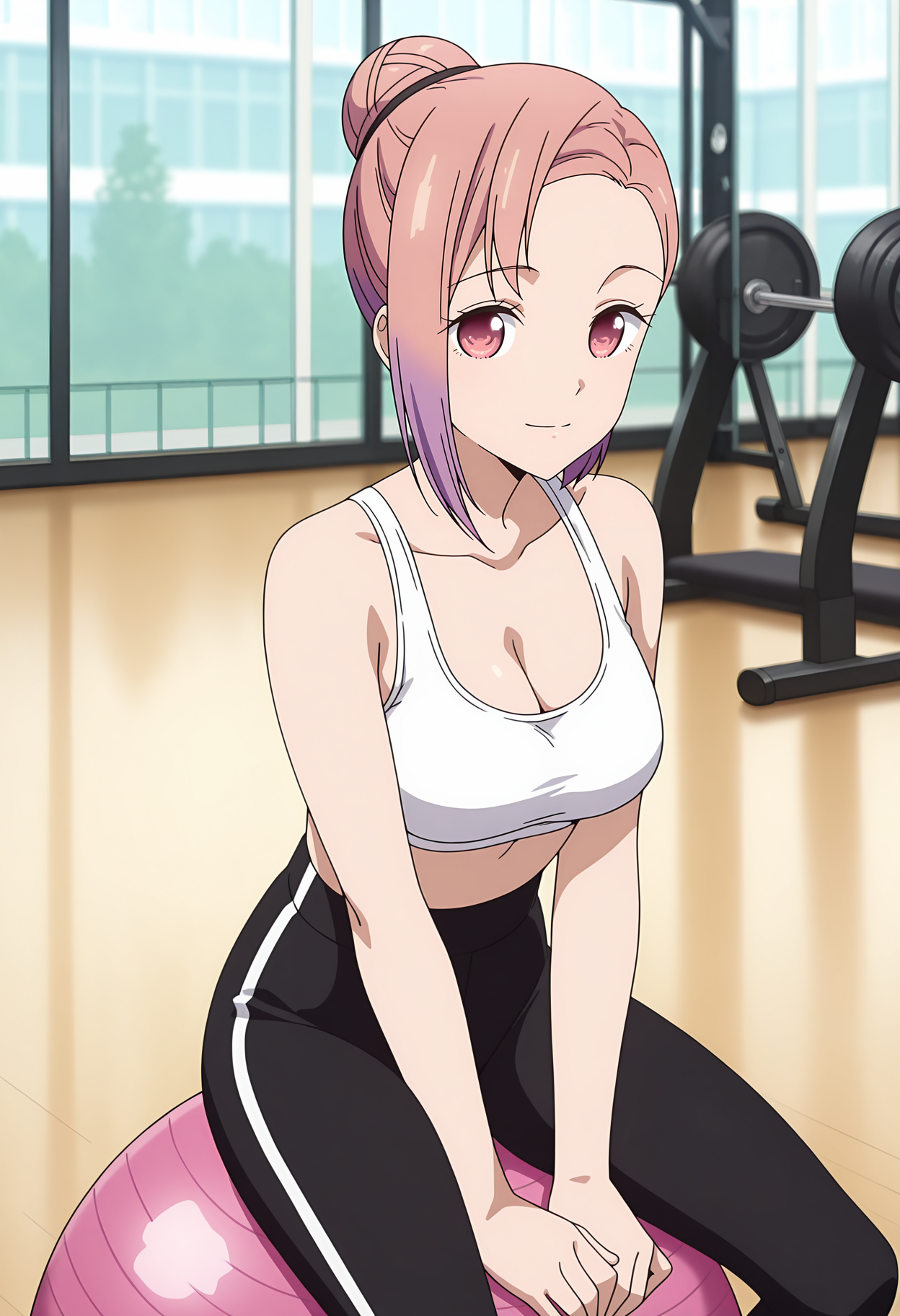 anime screencap, masterpiece, best quality,
<lora:Kaguya-samaWaKokurasetai_KoyasuTsubame_IlluXL:0.9>,
1girl, solo, closed mouth, light smile,
asymmetrical hair, single hair bun, short hair, multicolored hair, pink hair, purple hair, pink eyes, no pupils,
sportswear, white sports bra, cleavage, high-waist pants, black leggings,
sitting on object, exercise ball, own hands together, between legs, looking at viewer, cowboy shot,
gym, photo background, blurry background