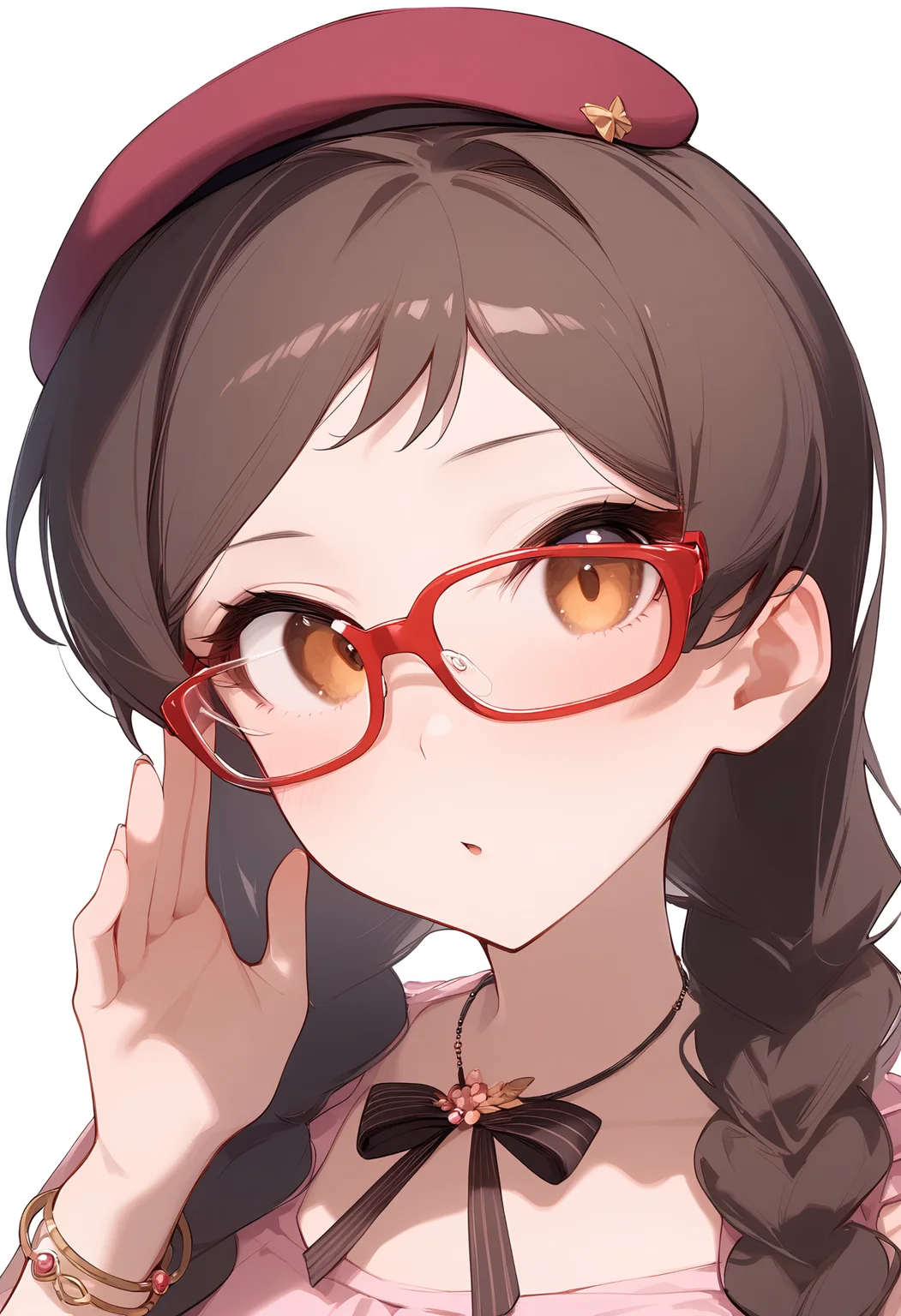 1girl,beret,blush,kitazawa shiho,looking at viewer,twin braids,bracelet,necklace,pink dress,solo,adjusting eyewear,bespectacled,white background,bow,glasses,simple background,<lora:a31_char_new_kitazawa_shiho-000018:1>masterpiece, best quality, absurdres<lora:a31_style_koni-000010:0.8>