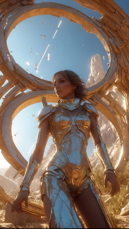 cinematic light epic shot action pose beautiful model with half computer code body and half human in a combat zone, battlefied, universe made of mirror, Portal rupture in time, insanely detailed and intricate, lord of the ring concept art, far away shot, backlight