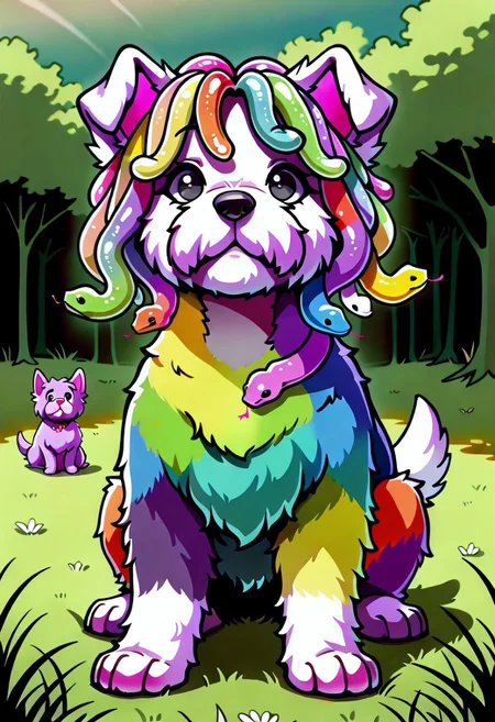 masterpiece, best quality, amazing quality, very aesthetic, absurdres,  amazing detail, intricate detail, fluffy Scottish terrier, w3st13, black eyes, rainbow fur, dog, animal focus, snake_hair all over the body, gummy worm hair, gradient hair, sugar, multicolored hair, playing in a back yard grass lawn, ral-fluff