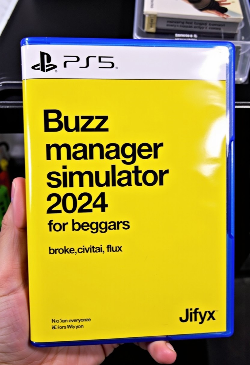 This is a photograph of Playstation 5 video game case in a game store. The case label design has a bright yellow background, displaying a minimalist design. The case features prominent black bold text "Buzz manager simulator 2024," with smaller text below that says "for beggars". Below is a bullet list of features: "broke", "civitai," and "flux". The game is rated E for everyone. The brand name "Jifyx" is printed in the bottom right corner. 
 <lora:No_Name_Brand_Products_FLUX-000001:1>