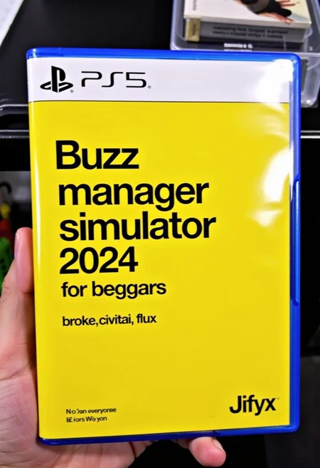 This is a photograph of Playstation 5 video game case in a game store. The case label design has a bright yellow background, displaying a minimalist design. The case features prominent black bold text "Buzz manager simulator 2024," with smaller text below that says "for beggars". Below is a bullet list of features: "broke", "civitai," and "flux". The game is rated E for everyone. The brand name "Jifyx" is printed in the bottom right corner.
<lora:No_Name_Brand_Products_FLUX-000001:1>