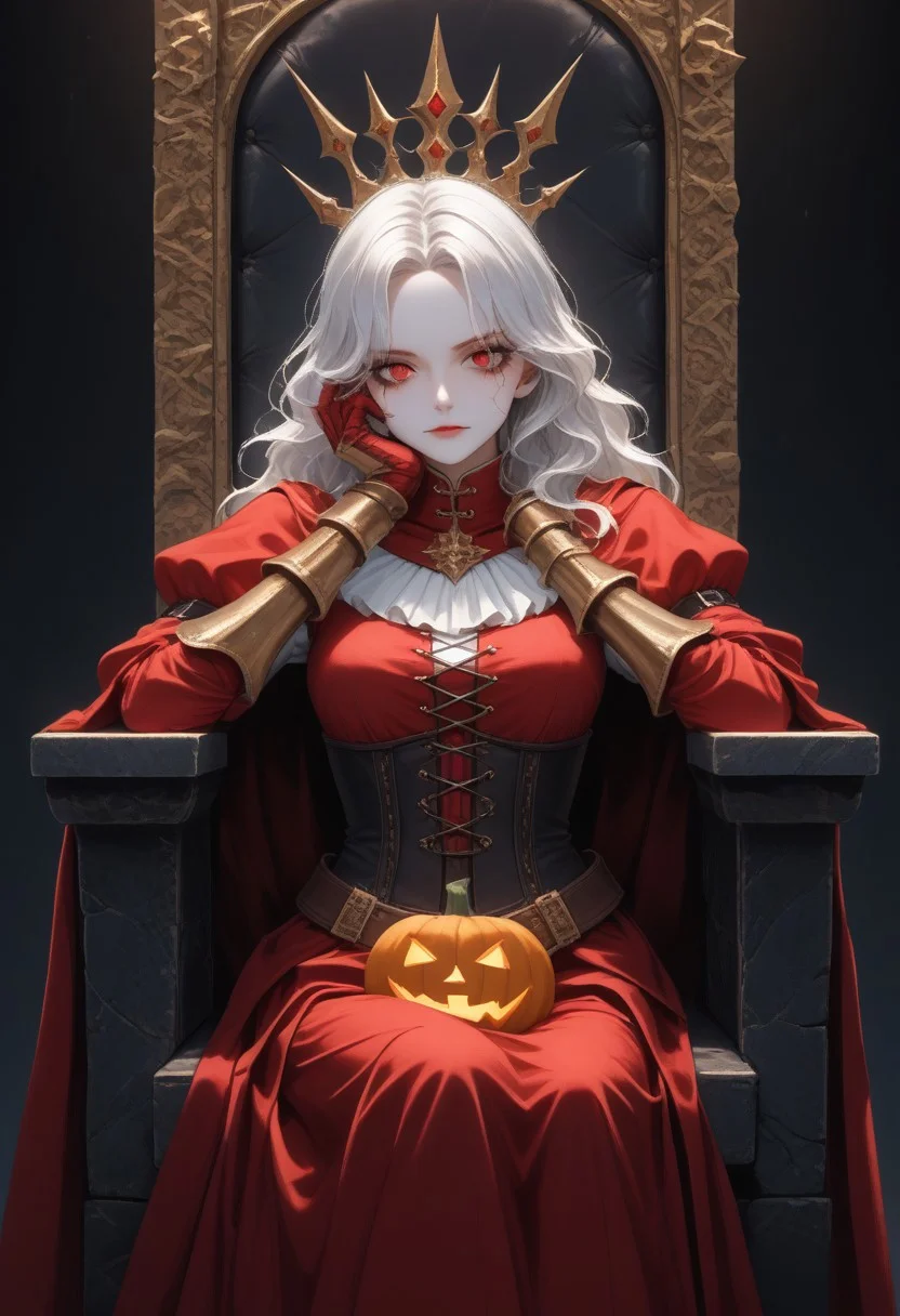 (masterpiece, best quality, absurdness, 4k, aesthetic, detailed, intricate, perfect lighting) cinematic angle, 1sologirl, sitting on throne, elbow rest, castle interior, cape, TWIN belt, armor, cloak, red gloves gauntlets, bkcrown, red eyes, white haired anime girl, with wavy hair, pale skin, On her face she had a pumpkin mask, orange porcelain pumpkin mask, full mask cover face, dressed in a medieval corset, with black medieval clothing, anime style. Conjure up some magic capturing the Halloween spirit. Arms behind head, strong body, abs.
