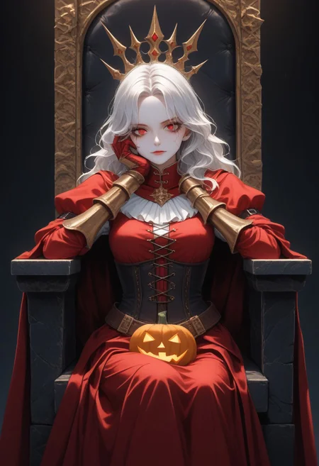 (masterpiece, best quality, absurdness, 4k, aesthetic, detailed, intricate, perfect lighting) cinematic angle, 1sologirl, sitting on throne, elbow rest, castle interior, cape, TWIN belt, armor, cloak, red gloves gauntlets, bkcrown, red eyes, white haired anime girl, with wavy hair, pale skin, On her face she had a pumpkin mask, orange porcelain pumpkin mask, full mask cover face, dressed in a medieval corset, with black medieval clothing, anime style. Conjure up some magic capturing the Halloween spirit. Arms behind head, strong body, abs.