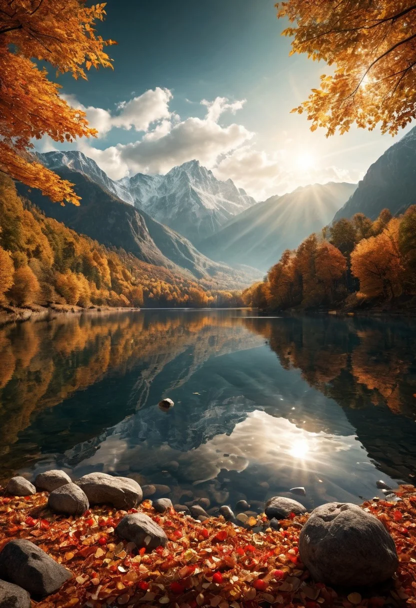 Breathtaking views, nostalgia, detailed landscape, captivating, a harmony of nostalgia and innovation, great lighting, Nature, autumn leaves, fall, forests, A vast lake surrounded by mountains, a beautiful vast lake, with an apple tree in the center of the lake, sun, sunlight, beautiful rivers, double exposure, beautiful view, mysterious glow, beautiful clouds, depth of field, masterpiece, best quality, 8k, ultra-detailed, very aesthetic, illustration, superb composition, finest details, intricate details, absurdres, high contrast, RAW, concept art,