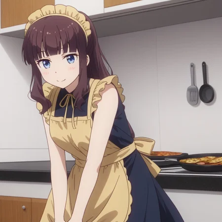 hifumi takimoto, solo, 1girl, (apron:3), cooking stew, (smiling:0.5),, looking at viewer,, 2D, anime style, anime coloring,,masterpiece, best quality, absurdres, very aesthetic