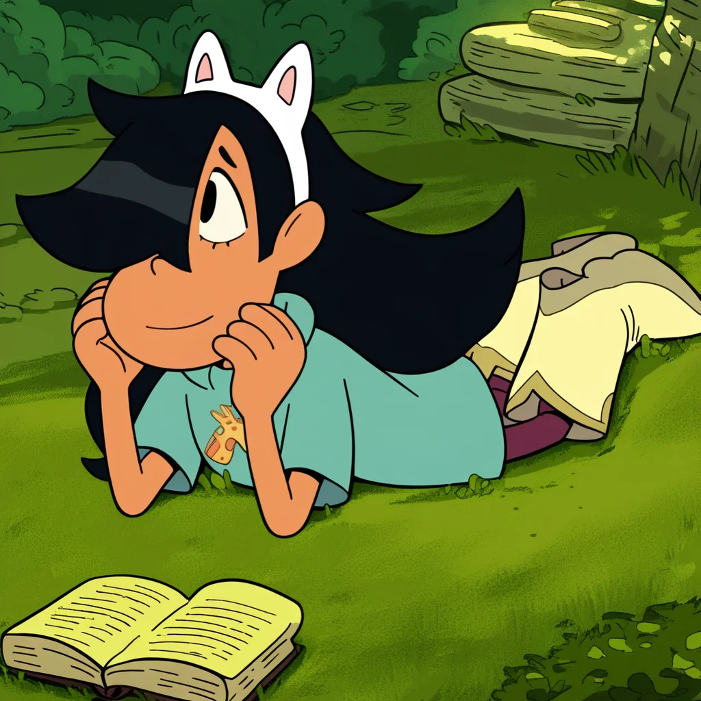 score_9, solo, maney_cotc, black hair, long hair, fake animal ears, shirt, hair over one eye, boots, lying on stomach, book, outdoors, cute
