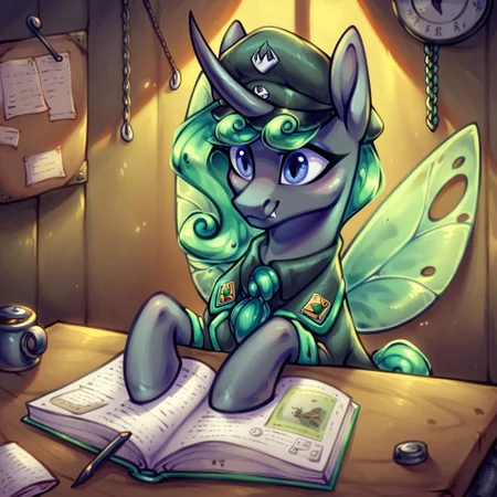 masterpiece, score_9_up, score_8_up, score_7_up, score_6_up, (best quality:1.1), ultra-detailed, high resolution, 1character, Aurantia, changeling queen oc, mlp, feral, black skin, long mint-green mane, (((beautiful detailed dark blue eyes))), long eyelashes, single horn, ears, Insect wings, Predatory smile, smile, military uniform, green necktie, peaked cap, detailed facial features, full body, sitting on a table. expressiveh, highly visible, sharp focus, warm tones, anatomically correct, detailed background, inside, bunkered room, dim lighting, sitting at a war table, studying maps, plotting, war plans