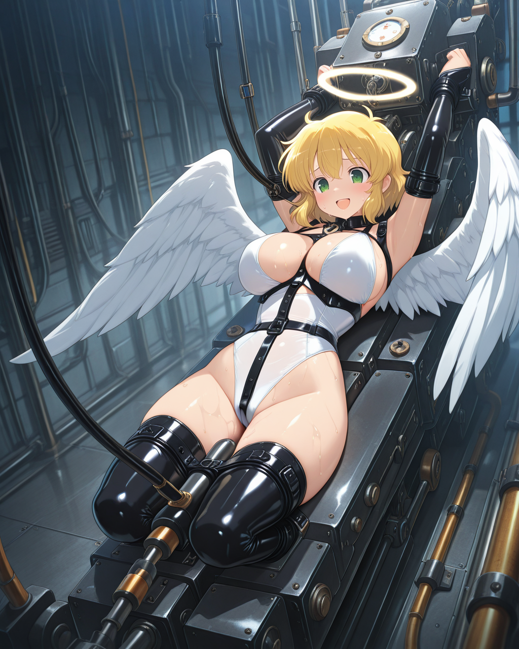masterpiece,best quality,higres illustration,detailed face,1girl,full body,<lora:bdsmtech_IL:1>,bdsm,machine,lying,open mouth,happy,sweat,ryouna \(senran kagura\),angel wings, city
