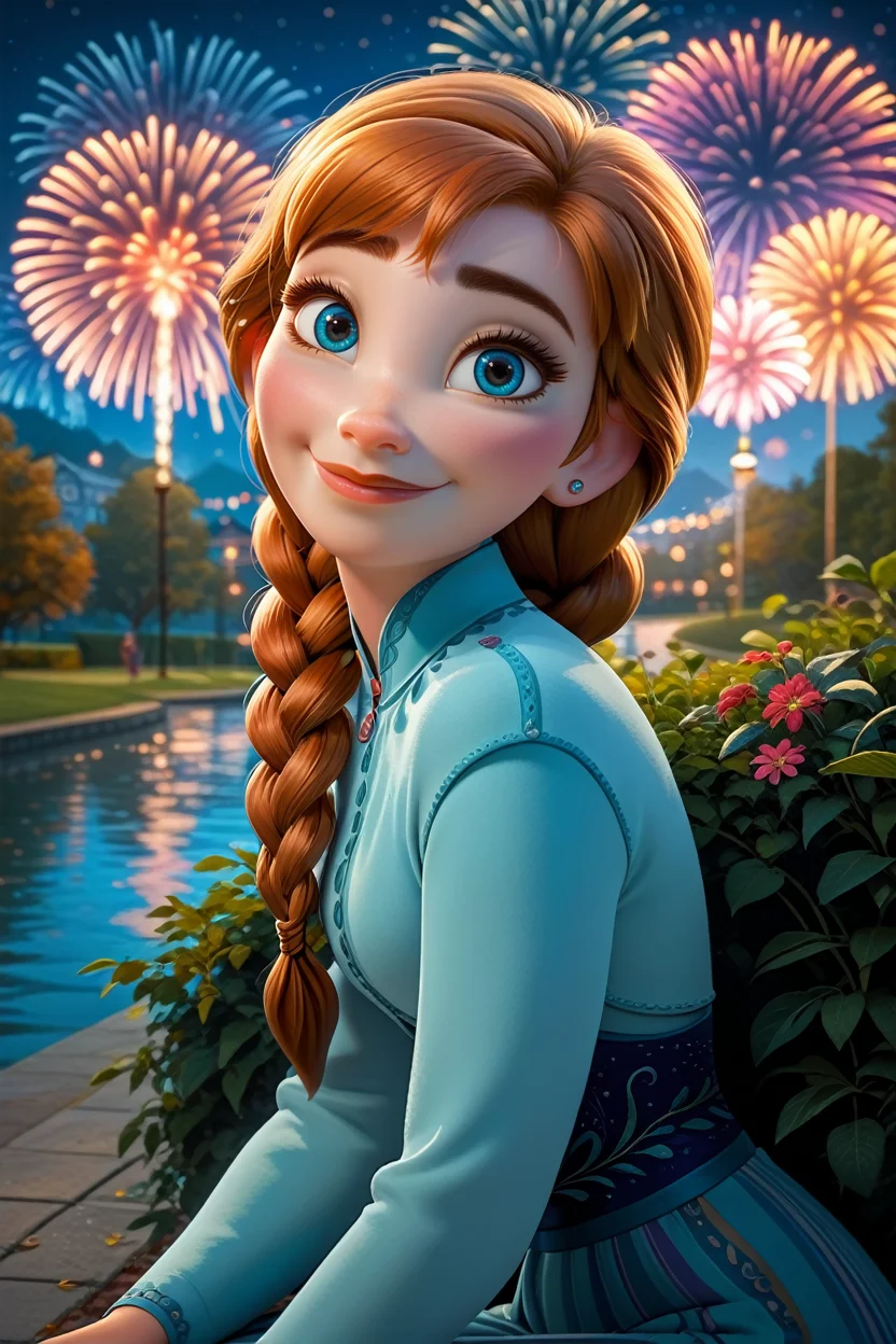 score_9, score_8_up, score_7_up,
<lora:DisneyAnna:1.0>
DisneyAnna, 1girl, orange hair, blue eyes, twin braids, looking at viewer, sitting, at night, fireworks, park, looking up, smile